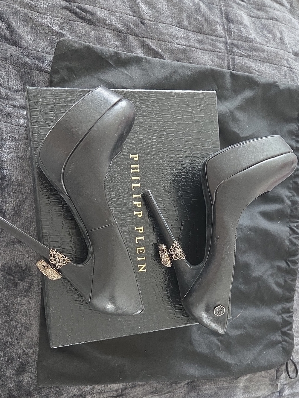 Authentic Philipp Plein Black Leather Platform Stiletto Pumps SWAROSKI Skull